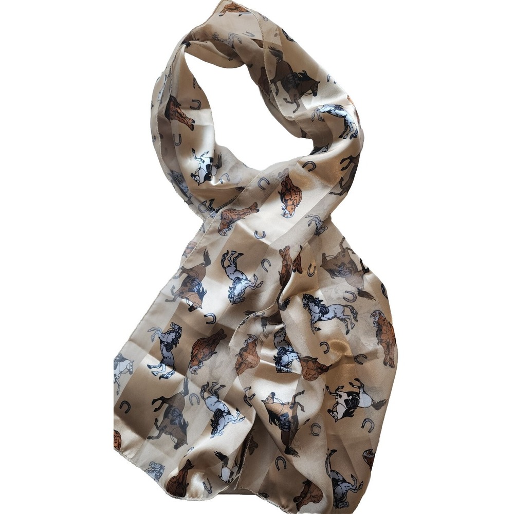 Equestrian Horse Horseshoe Western Gold Cream Lightweight Silk Feel Scarf Wrap